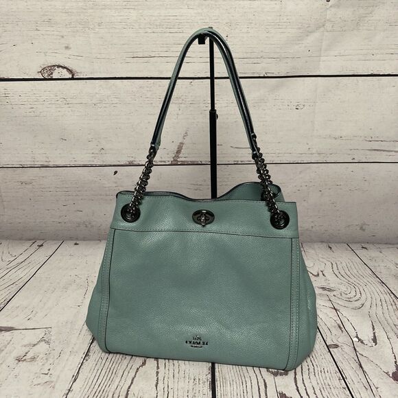 Coach Turnlock Edie Shoulder‎ Bag Cloud Blue Pebbled Leather Chain - Picture 1 of 16